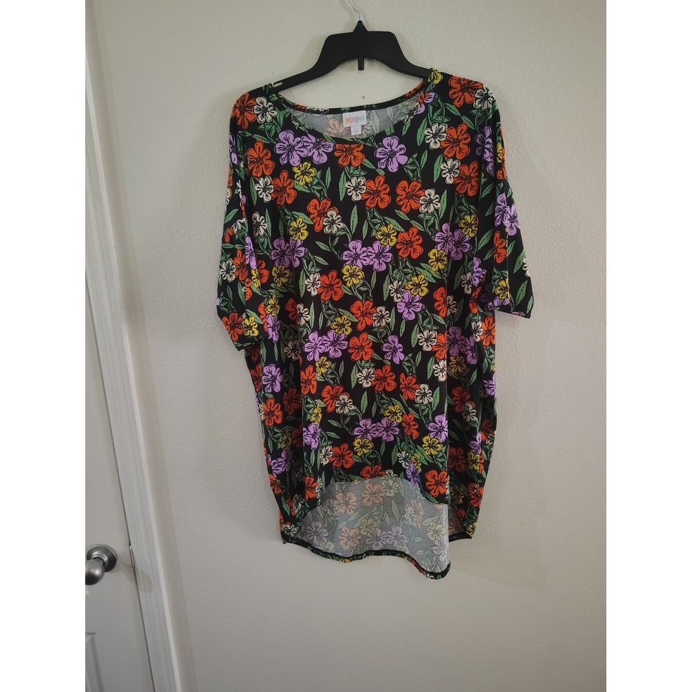 LuLaRoe‎ Irma Tunic Top Womens Large L Floral Print Black High Low Short Sleeve